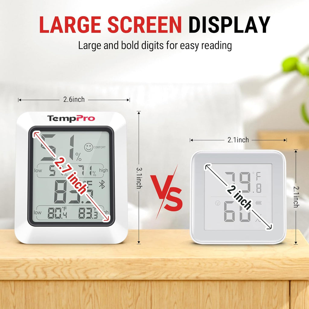 TempPro Hygrometer Thermometer - Bluetooth Indoor Room & Greenhouse Monitor, 260FT Range, Backlit Display
