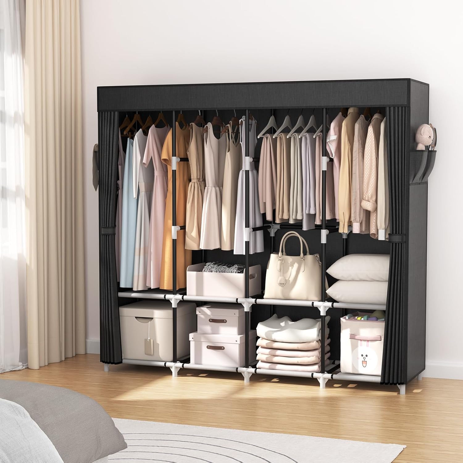 VTRIN Portable Closet - 67 Inch Wide Wardrobe with Cover, 4 Shelves & 4 Hanging Rods - Sturdy Black Design