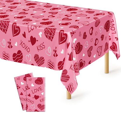 2 Pack Valentines Tablecloth, Disposable Romantic Love Tablecloths, 54" X 108" Plastic Valentines Decorations, Red Pink Galentines Decorations, Heart-shaped Table Cloths for Love Engagement Party