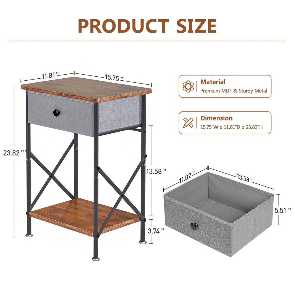 VECELO End Tables, Modern Nightstands with Drawer & Open Shelf, Side Table for Bedroom Living Room, Industrial Metal Frame, Easy Assembly, Rustic Brown,1 Pack
