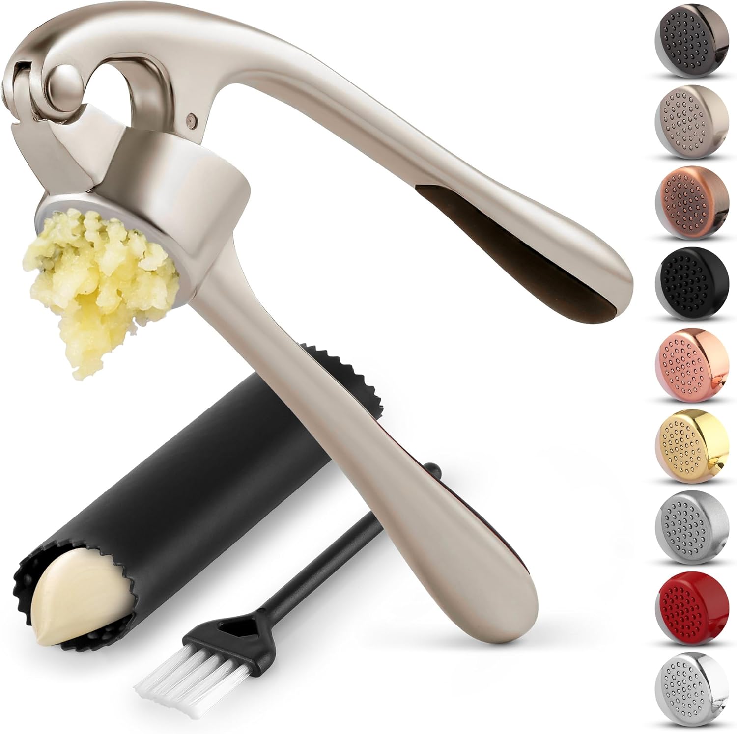 Zulay Kitchen Garlic Press Set - Rust-Proof Professional Mincer with Ergonomic Handle & Silicone Peeler (Silver)