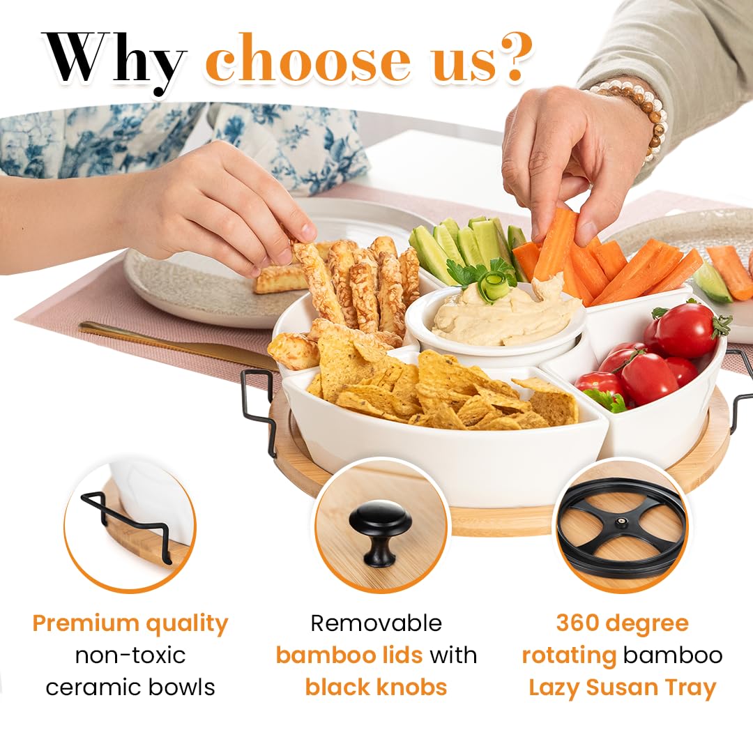 DEVA Home Design Chip and Dip Serving Set | Rotating Bamboo Lazy Susan Appetizer Tray with Black Handles | White Ceramic Bowls with Bamboo Lids | Divided Round Party Platter | Giftable