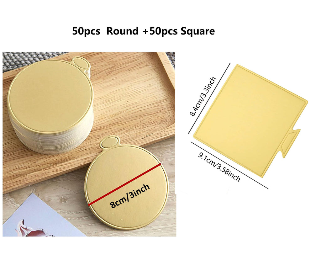 100pcs Mini Golden Cake Boards Round and Square Mousse Cupcake Base Paper Plates Dessert Board Circle Base for Cake DIY, Baking Dessert Party Wedding Birthday