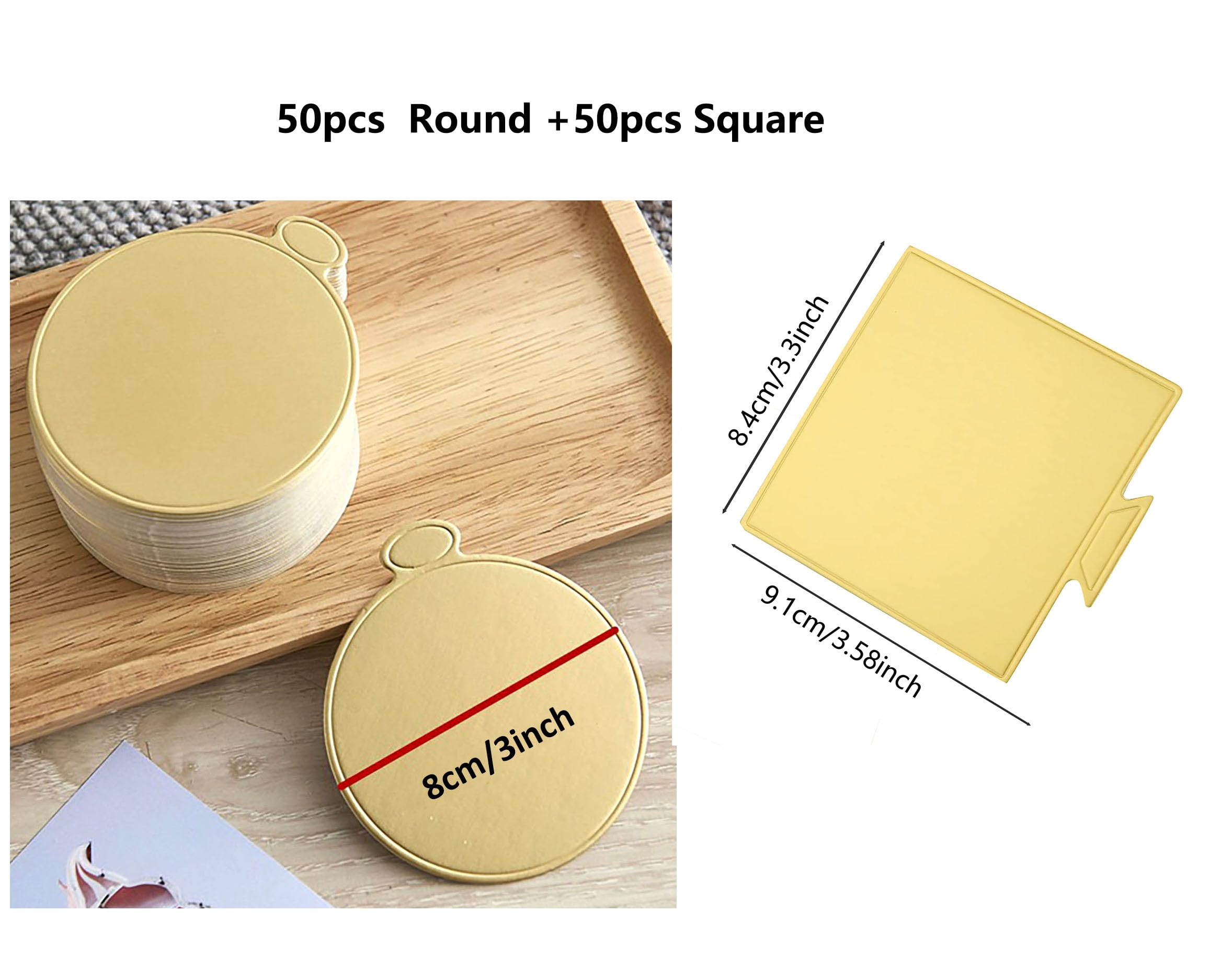 100pcs Mini Golden Cake Boards Round and Square Mousse Cupcake Base Paper Plates Dessert Board Circle Base for Cake DIY, Baking Dessert Party Wedding Birthday