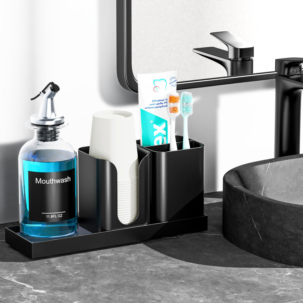 Moforoco Glass Mouthwash Dispenser with Toothbrush Holders, 11.8Oz Mouth Wash Bottle Container with Cup Holder, Funnel, Labels, and Drying Stone Tray, Bathroom Decor Accessories Set, Black