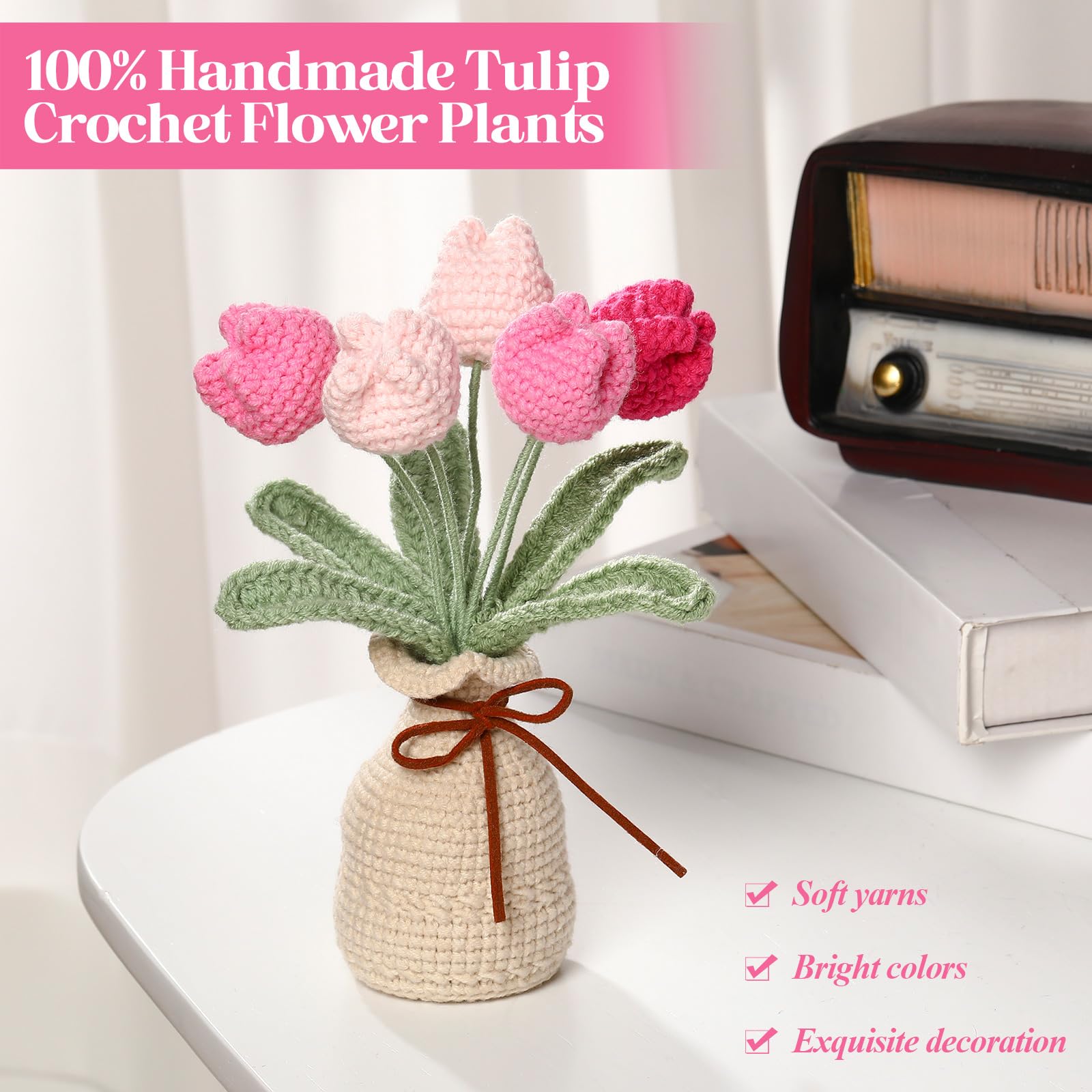 Marsui Crochet Knitting Tulip Bouquet with Vase 7" Knitted Artificial Forever Tulip Handmade Woven Flower with Exquisite Pot Gift for Valentine's Day Back to School Gift Family Home Desk Decor(Pink)