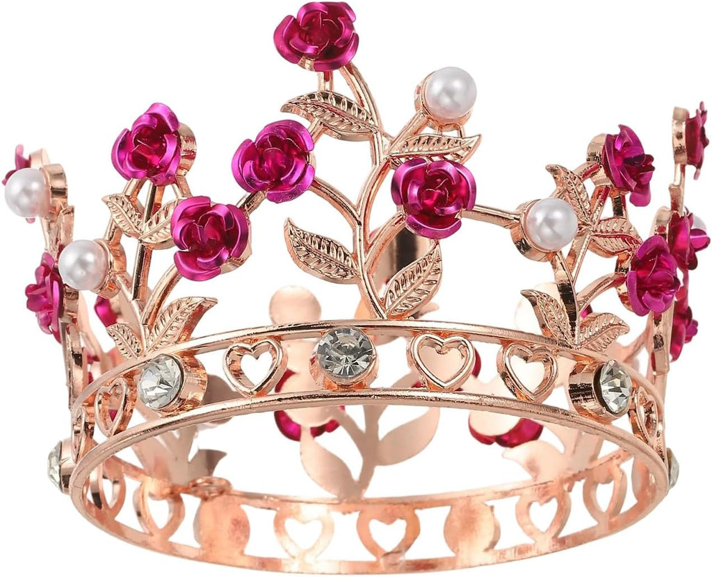 Uxcell Mini Crown Cake Toppers - Alloy Queen Princess Tiara with Pearl & Rose for Birthday Decor | Rose Gold/White/Rose Red