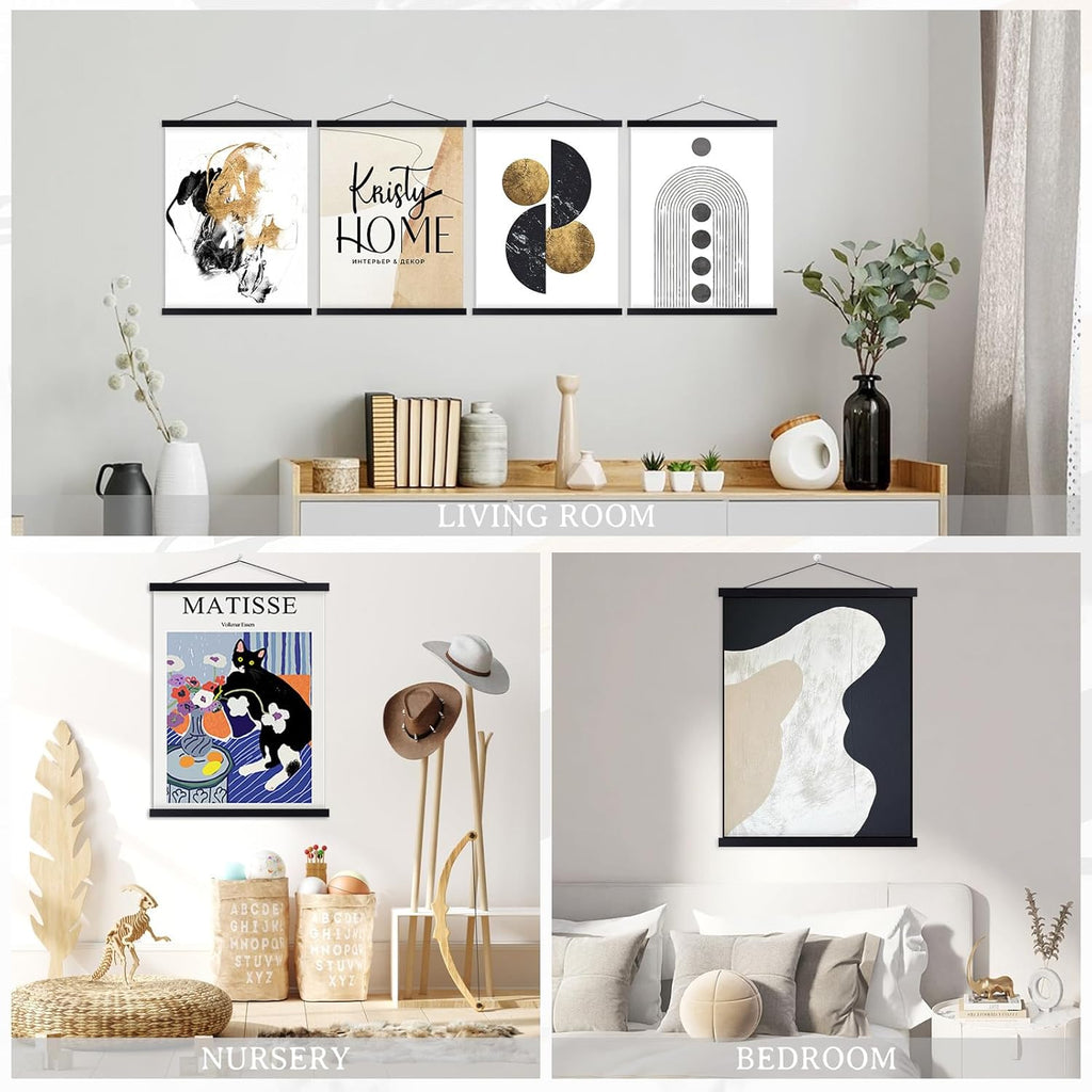 Benjia Magnetic Light Wood Poster Frames - 4 Pack for 8x10, 8x12, 8x18 Art Prints | Black