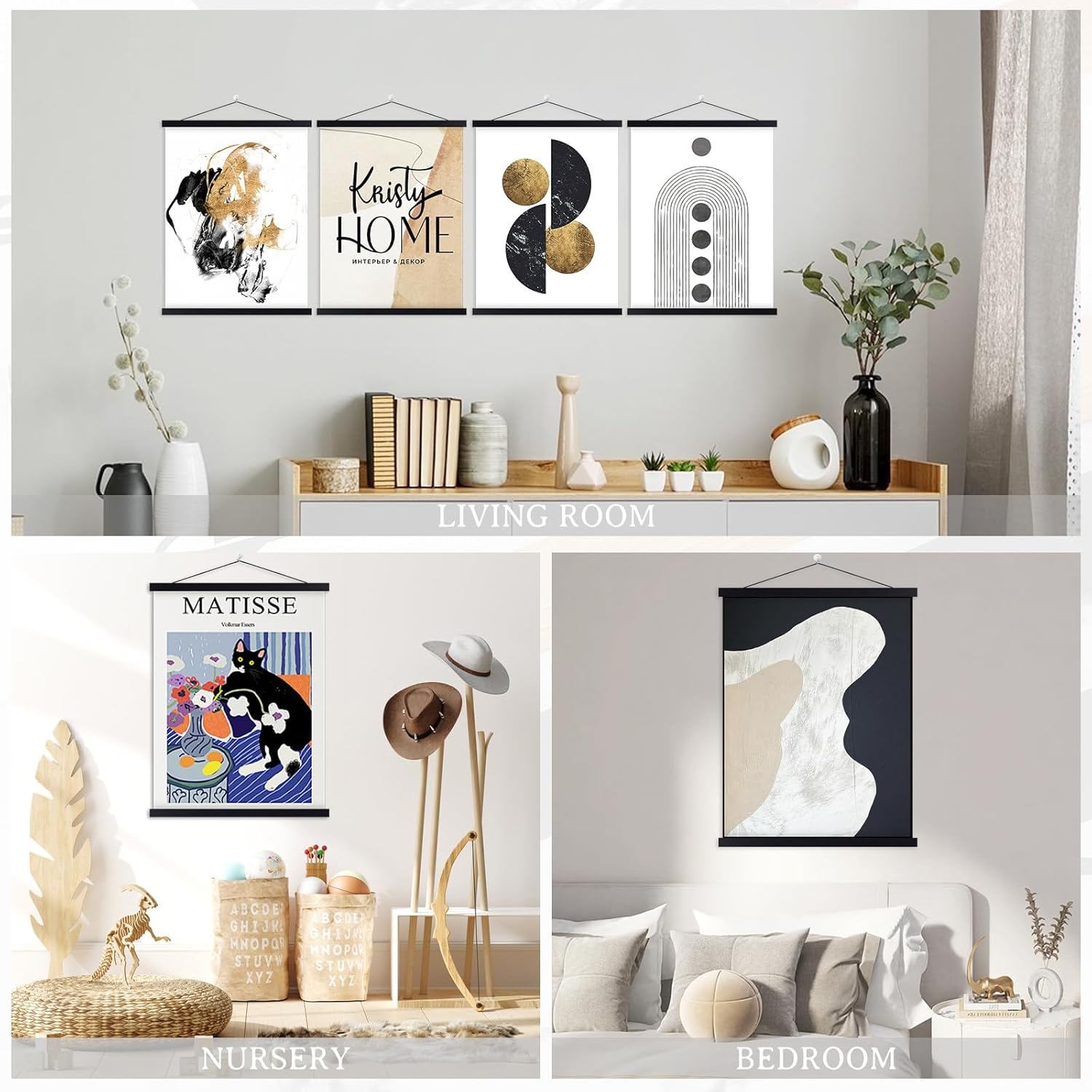 Benjia Magnetic Light Wood Poster Frames - 4 Pack for 8x10, 8x12, 8x18 Art Prints | Black