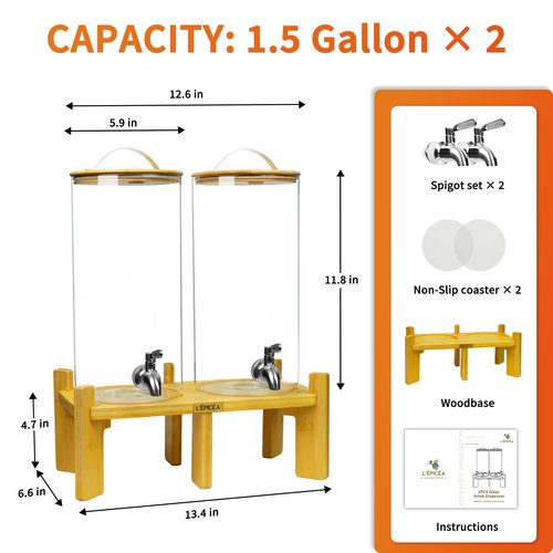 L'ÉPICÉA 1.5 Gallon Drink Dispenser for Parties 2 PCS, Beverage Dispenser Set of 2, Glass Drink Dispensers with Wood Stand, Large Drink Dispenser with Stainless Steel Spigot 100% Leakproof, Wood Lid.
