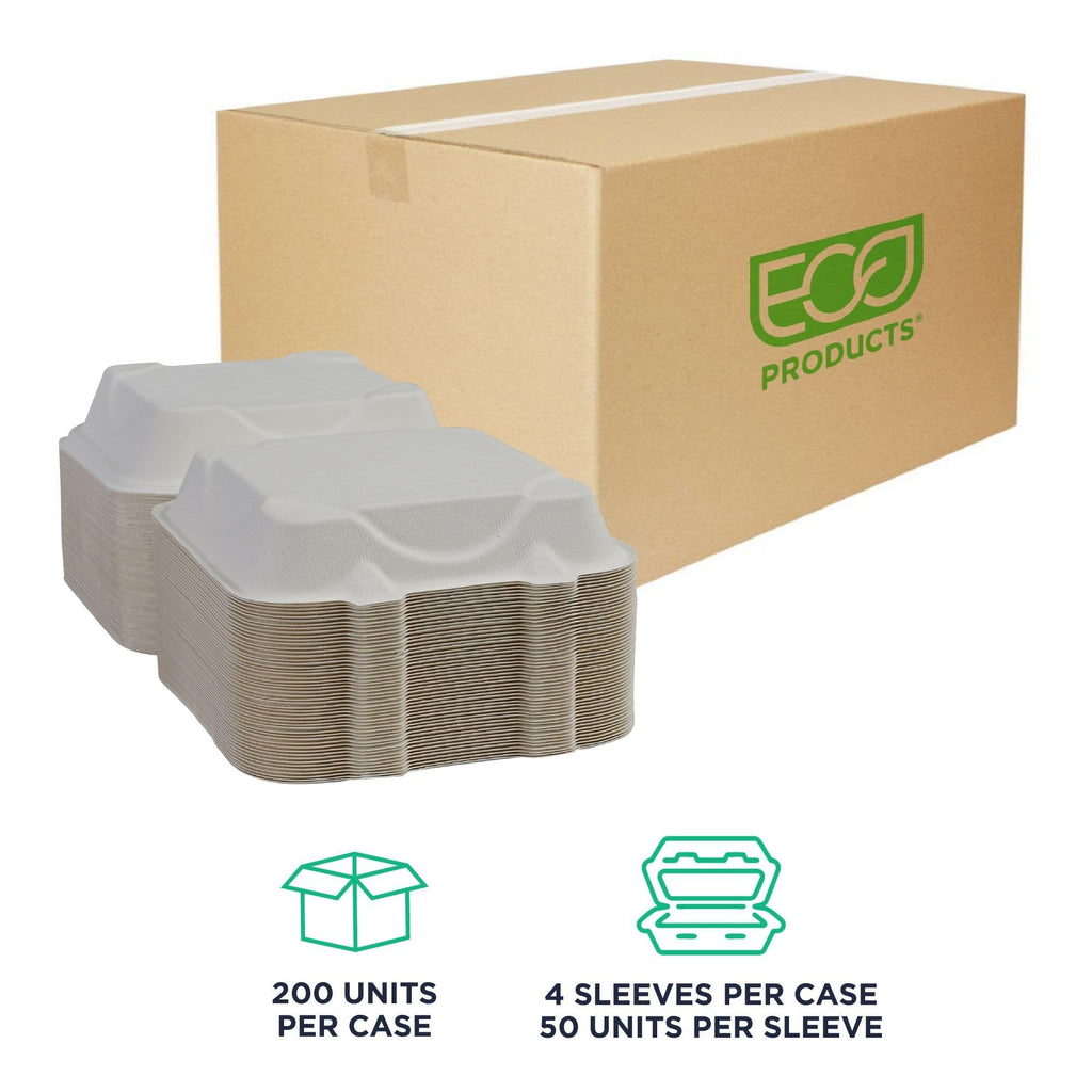 ECO PRODUCTS Compostable 8" Clamshell To Go Containers, Case of 200, Square Take Out Food Box, White Renewable Molded Fiber, Microwaveable & Freezable, Grease & Cut Resistant, ASTM Compliant
