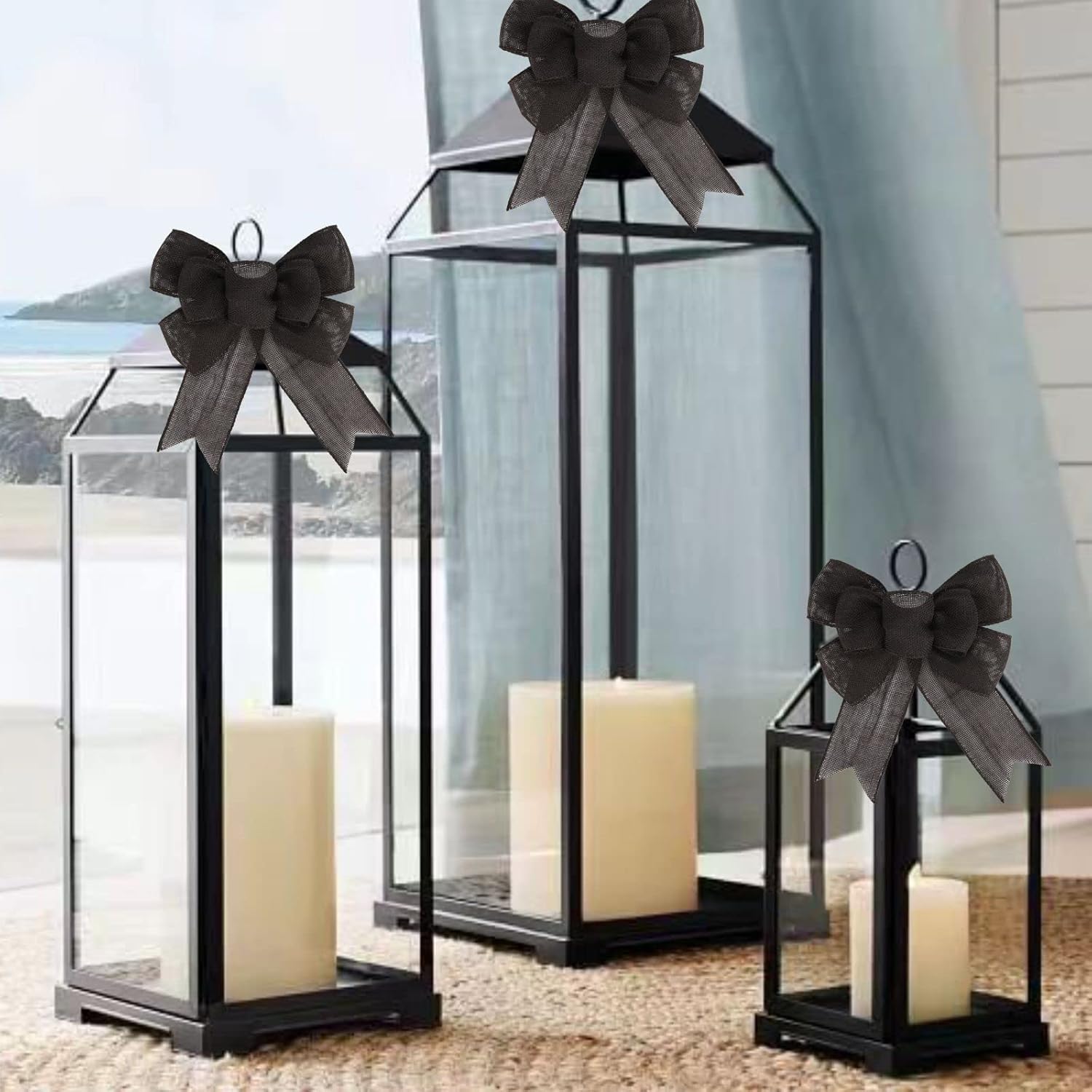 Meseey Black Wired Ribbon - 2 Pcs Handmade Burlap Bows for Wreaths & Gift Wrapping | Outdoor Decor