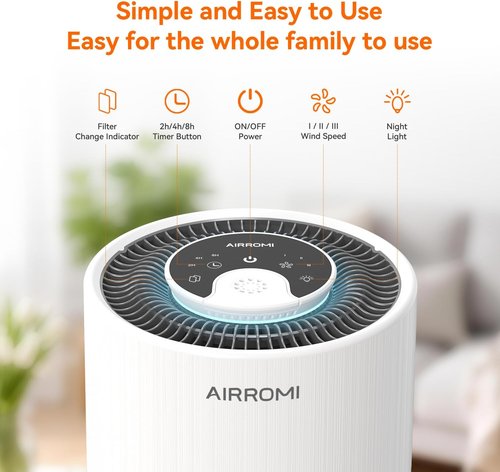 AIRROMI Air Purifier - 3-in-1 HEPA Filter for Pets & Allergies | Covers Up to 990 Ft², Quiet Operation, A2001 White