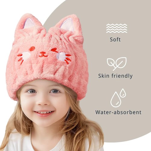 LCBD Microfiber Hair Towel Wrap for Kids, Pink Cat Dry Hair Cap Suck Water, Absorbent Quick Girls Boys Hair Drying Towel, Lightweight Bouncy Hat Headscarf