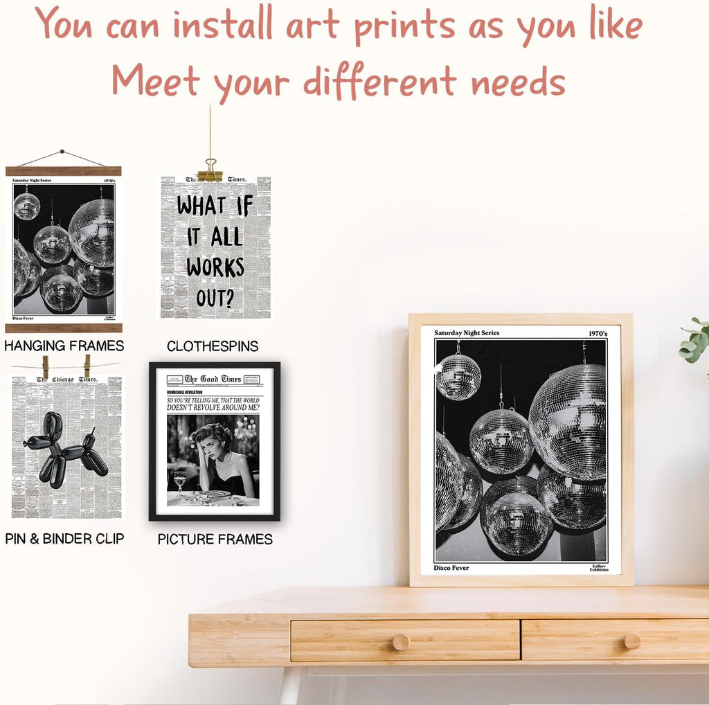 NaZaUK Funky Retro Y2K Wall Art - Black & White Newspaper Posters Set of 4 | Trendy Bedroom Decor 8x10 Unframed