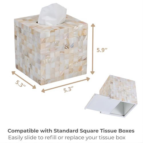 5.9” Mother of Pearl Tissue Box Cover for Kleenex and More – Handcrafted Square Tissue Holder with Sliding Bottom – Decorative Napkin Dispenser for Bathroom, Bedroom, Kitchen, Office