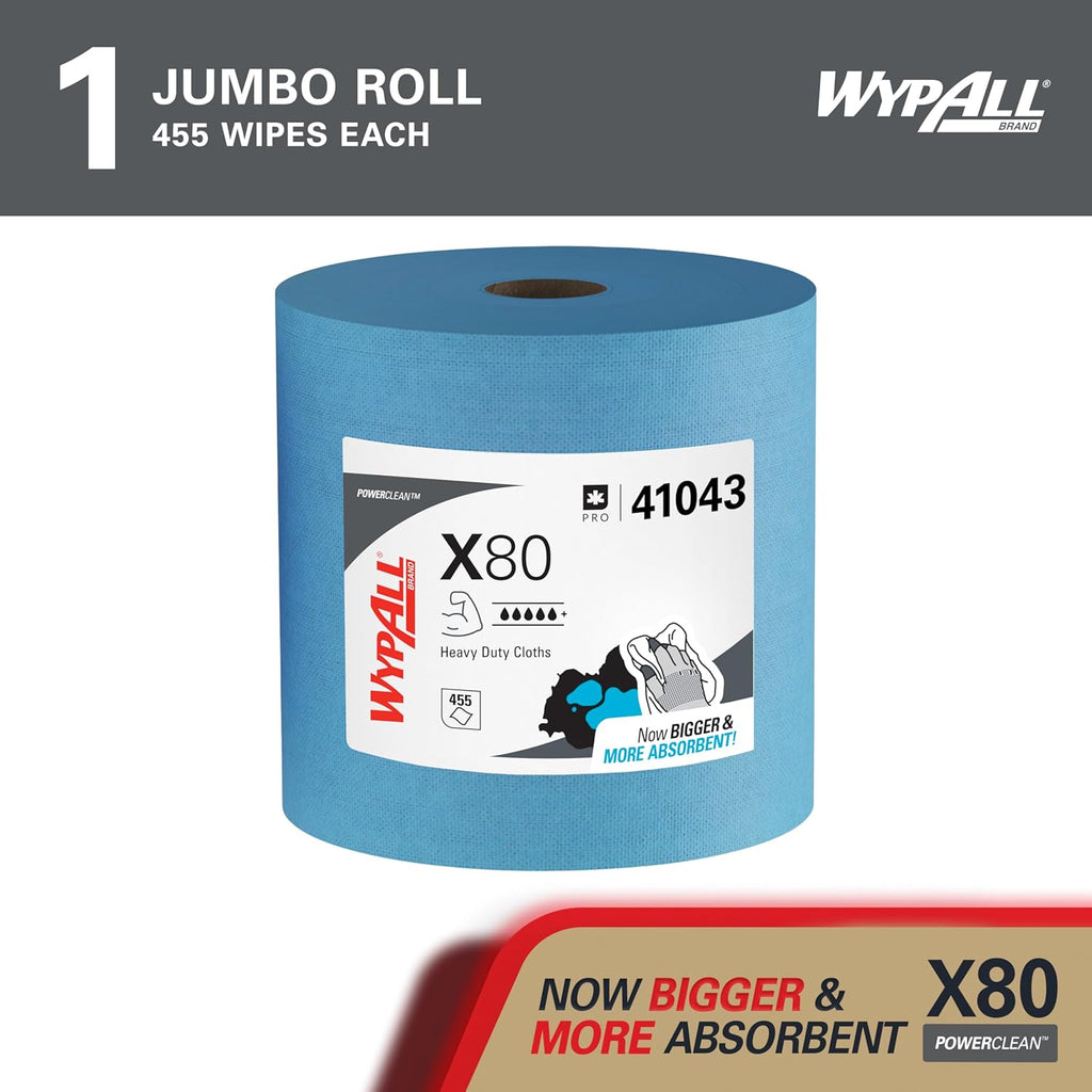 WypAll PowerClean X80 Heavy Duty Cloths - Jumbo Blue Towels for Extended Use | 455 Sheets Total