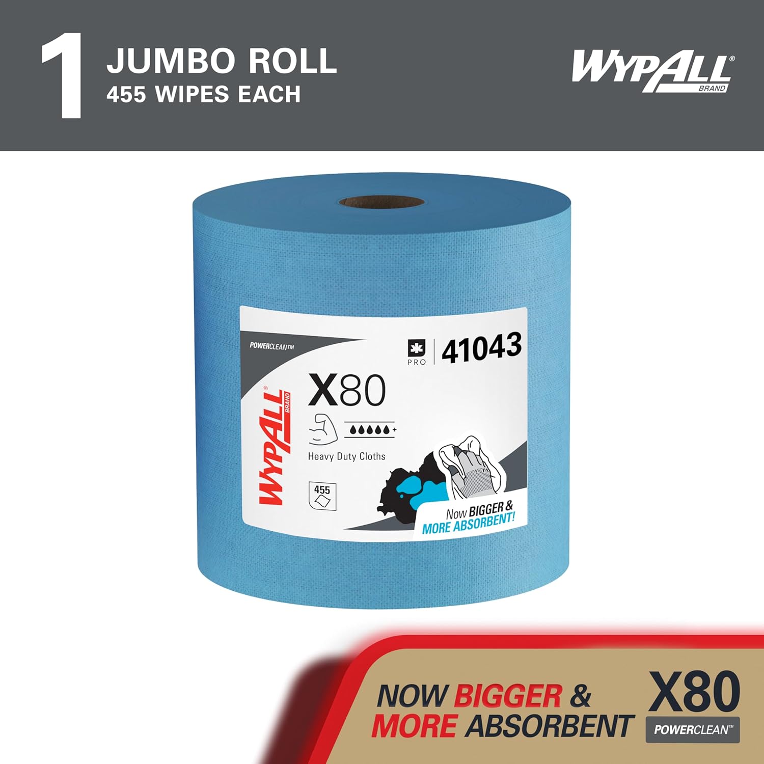 WypAll PowerClean X80 Heavy Duty Cloths - Jumbo Blue Towels for Extended Use | 455 Sheets Total