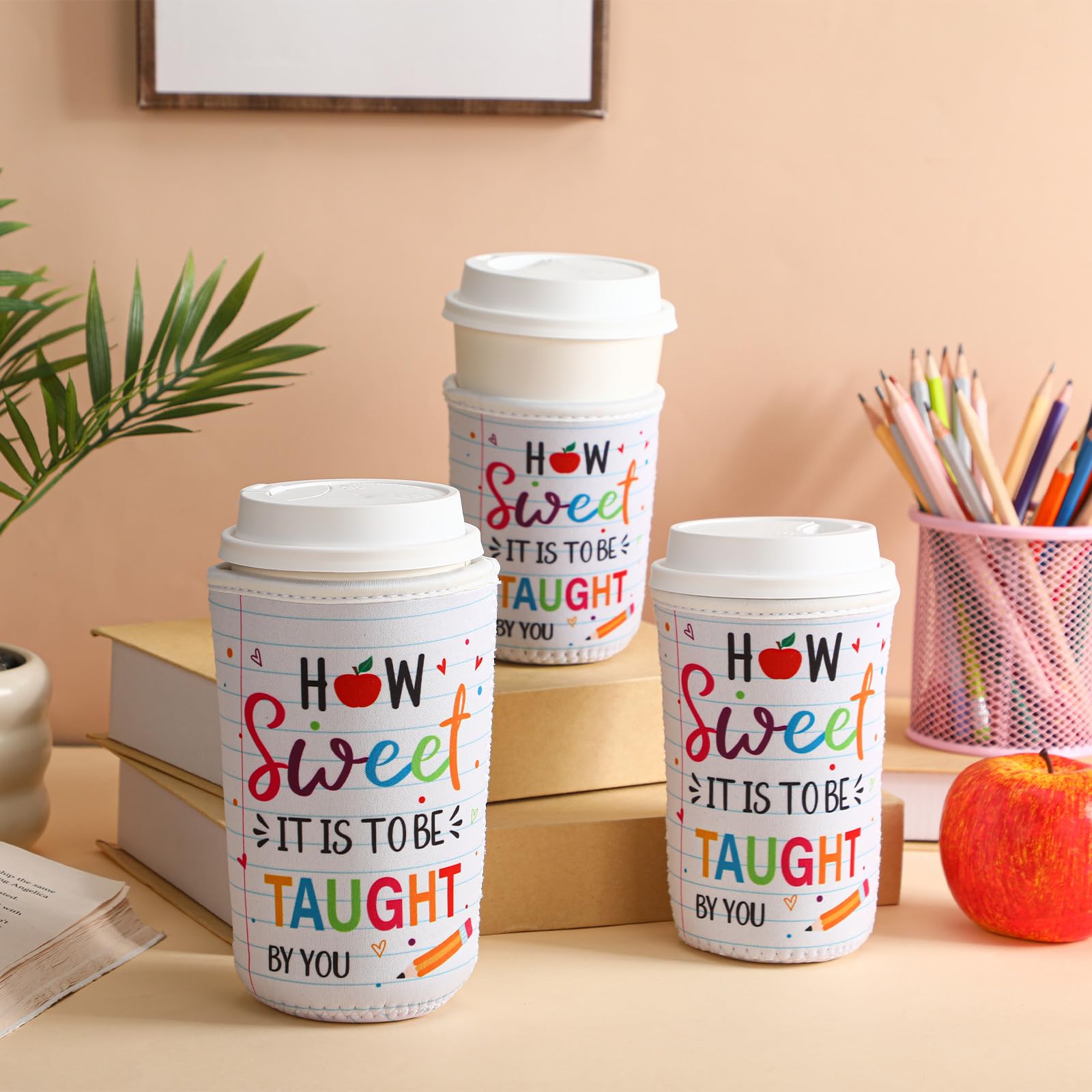 FoldTier 3 Pcs Teacher Appreciation Gifts Reusable Iced Coffee Sleeves Teachers Coffee Sleeves for Iced and Hot Drinks Gifts for End of School Year Graduation(Sweet)