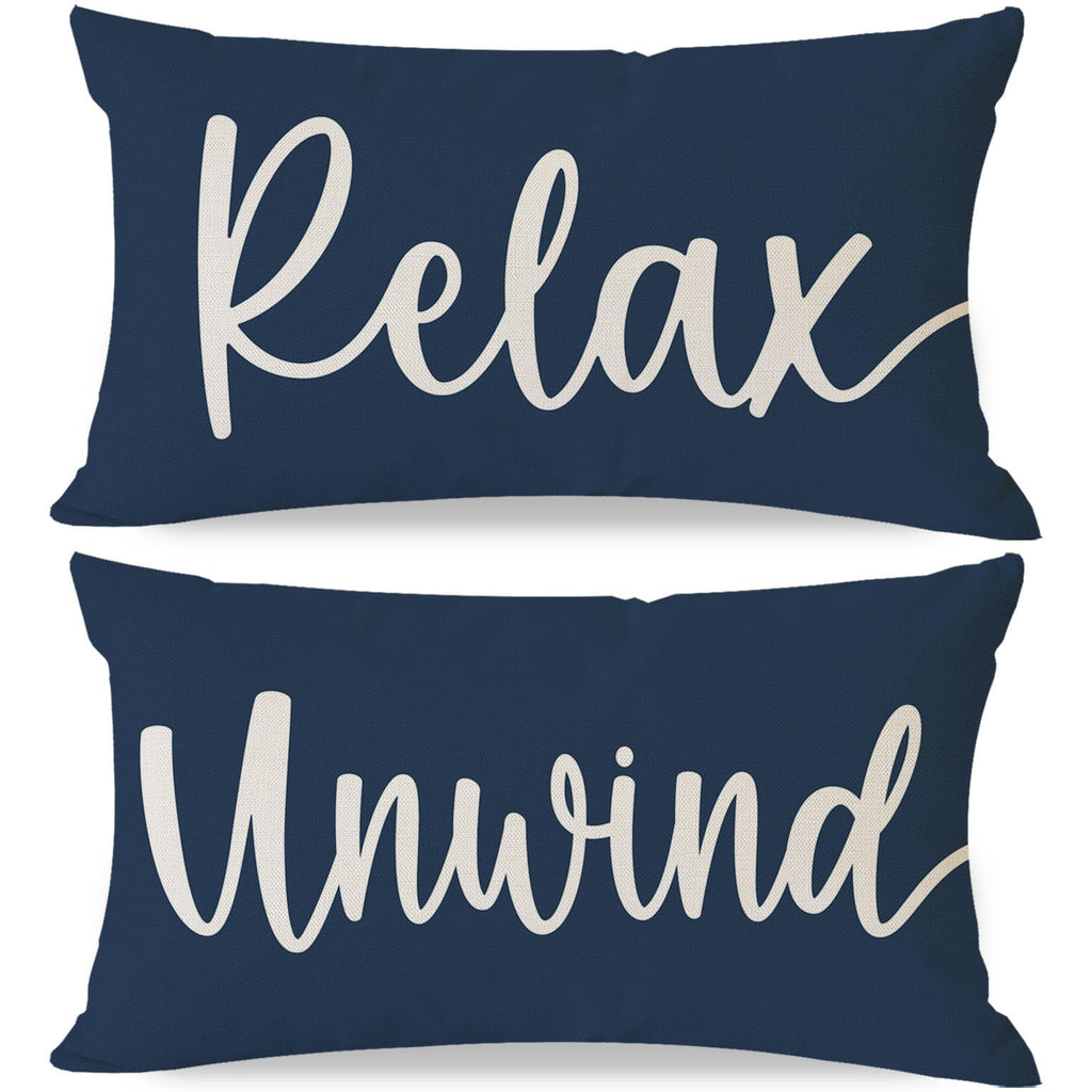 HERHOME Decorative Throw Pillow Covers 12x20 Inch Set of 2 Relax Unwind Navy Blue Outdoor Coastal Spring Summer Front Porch Patio Decor Lumbar Cushion Case Decoration for Home Sofa Couch Living Room