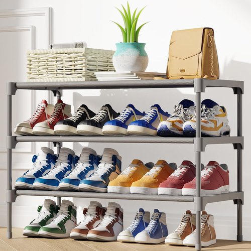 Kitsure Shoe Rack - Stackable Non-Woven Shoe Organizer for Closet & Entryway | 3-Tier, 27.5" Wide, Grey