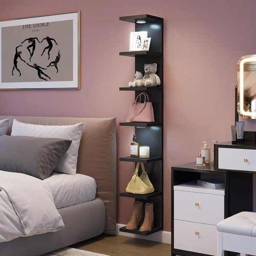 Fixwal 7-Tier Wall Mounted Floating Shelves - Stylish Home Decor with LED Lights | Black Finish