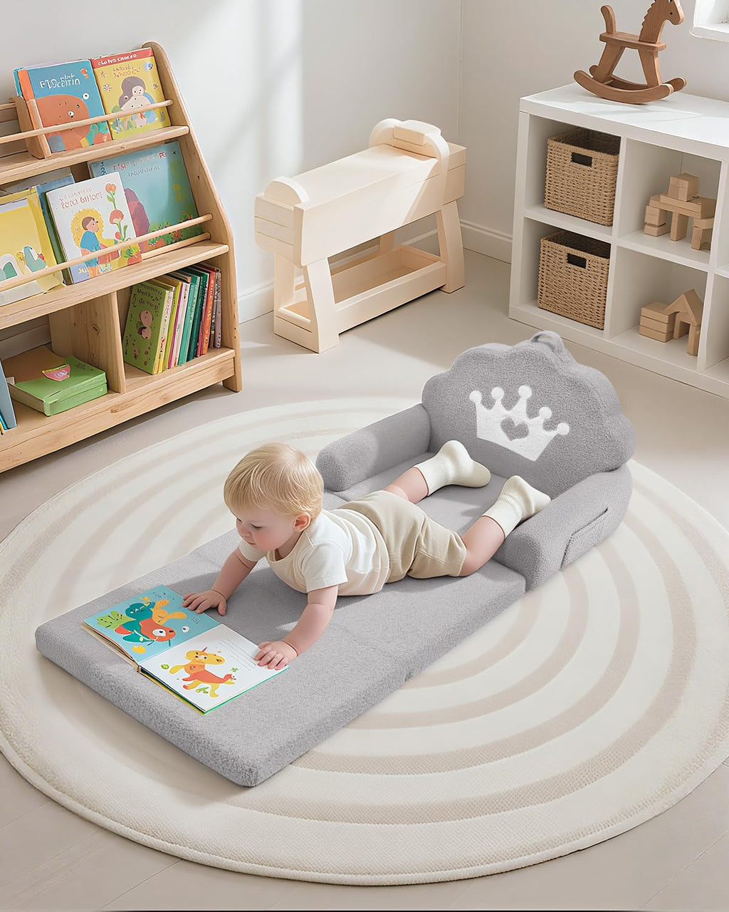 PIIKAGO 2-in-1 Kids Couch Fold Out, Soft Teddy Sherpa Toddler Couch with Crown Design, Convertible Kids Sofa to Lounger for Nap & Playtime, Cozy Children's Furniture for Boys & Girls, Grey