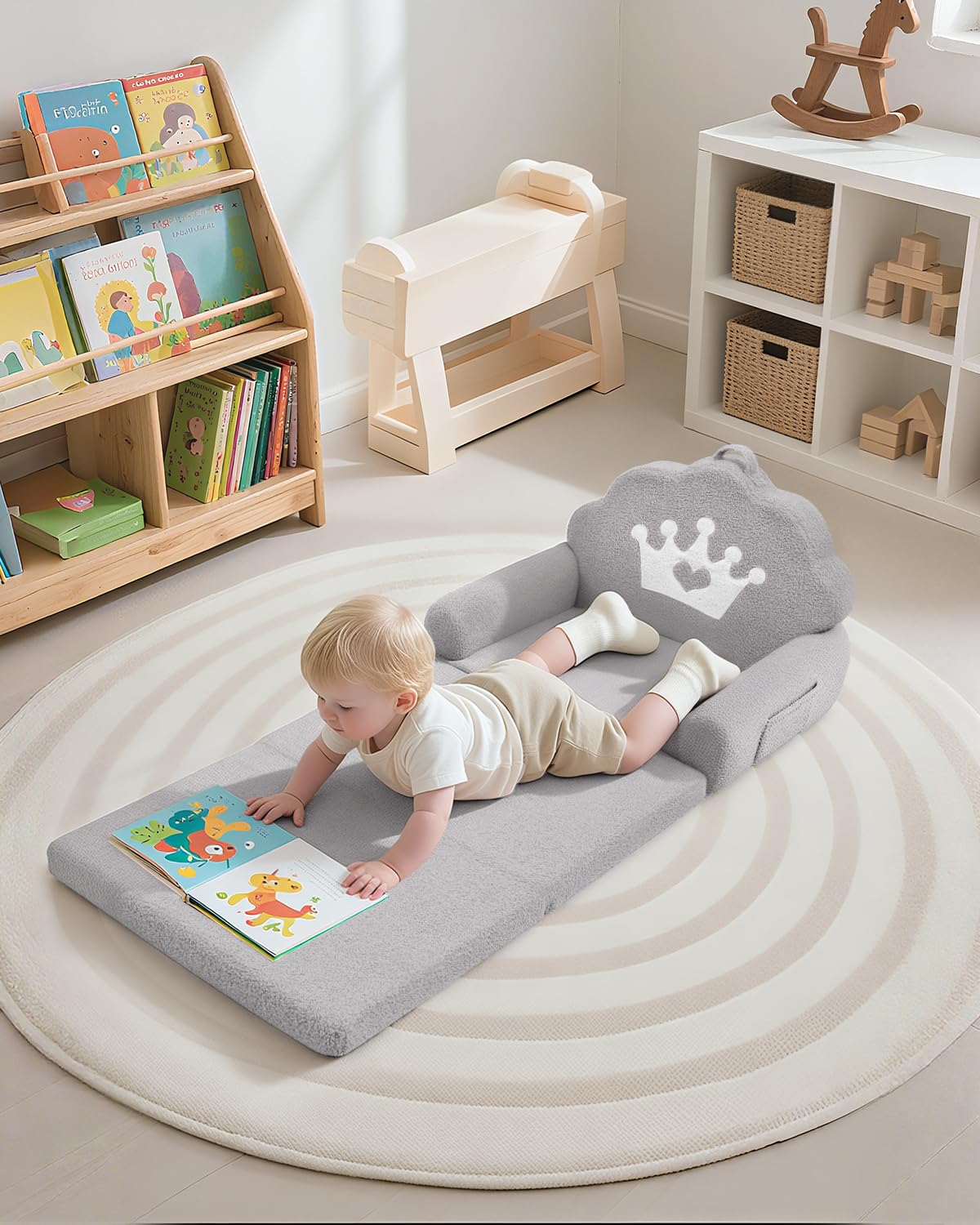 PIIKAGO 2-in-1 Kids Couch Fold Out, Soft Teddy Sherpa Toddler Couch with Crown Design, Convertible Kids Sofa to Lounger for Nap & Playtime, Cozy Children's Furniture for Boys & Girls, Grey
