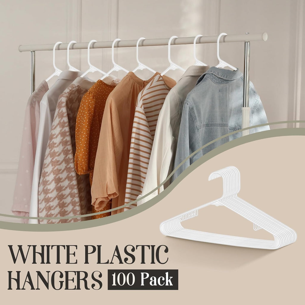 ZENY 100-Pack White Plastic Hangers - Space-Saving, Durable Clothes Hangers for Organizing Your Wardrobe