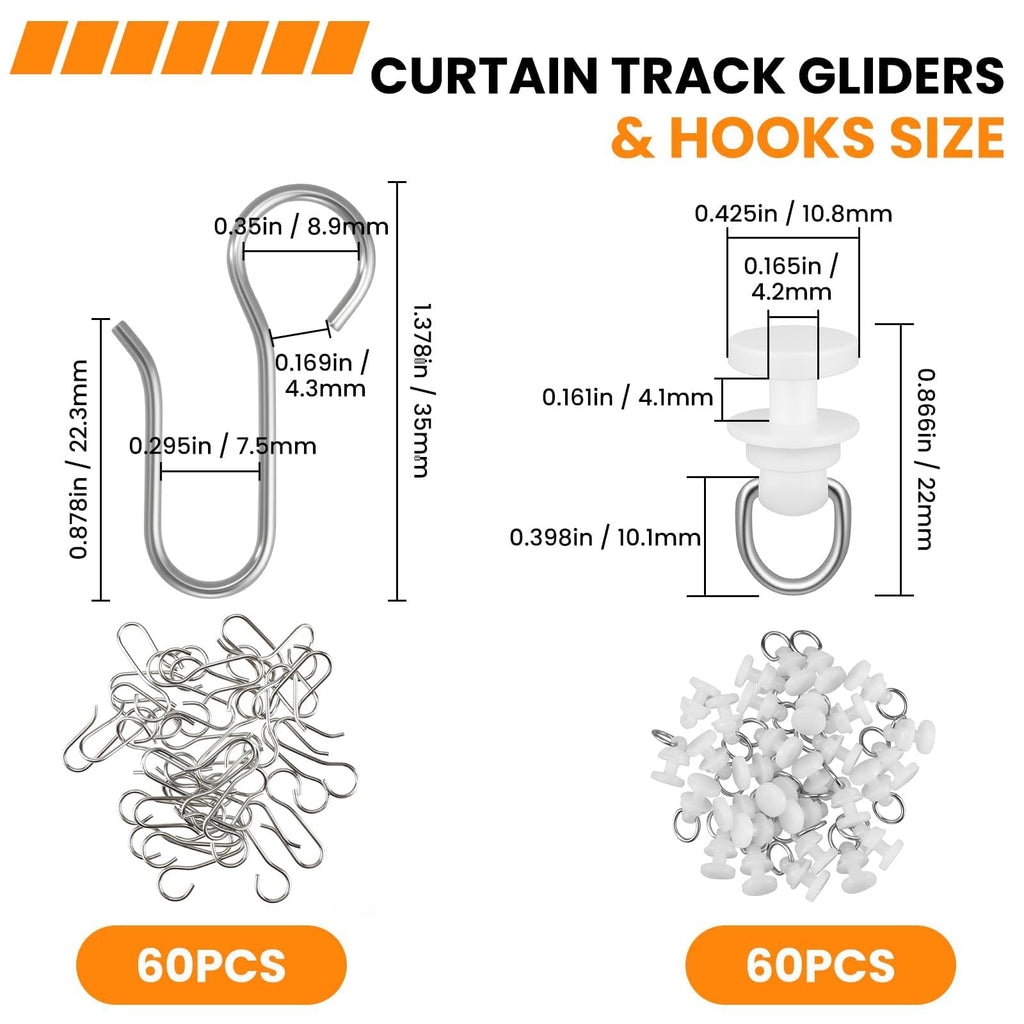 MARRTEUM 120 Pcs Shower Curtain Track Gliders & Curtain Hooks Set, Ceiling Mount Sliding Track S Shaped Metal Drapery Hooks and Plastic Rollers Sets for Drape Rails and Tracks