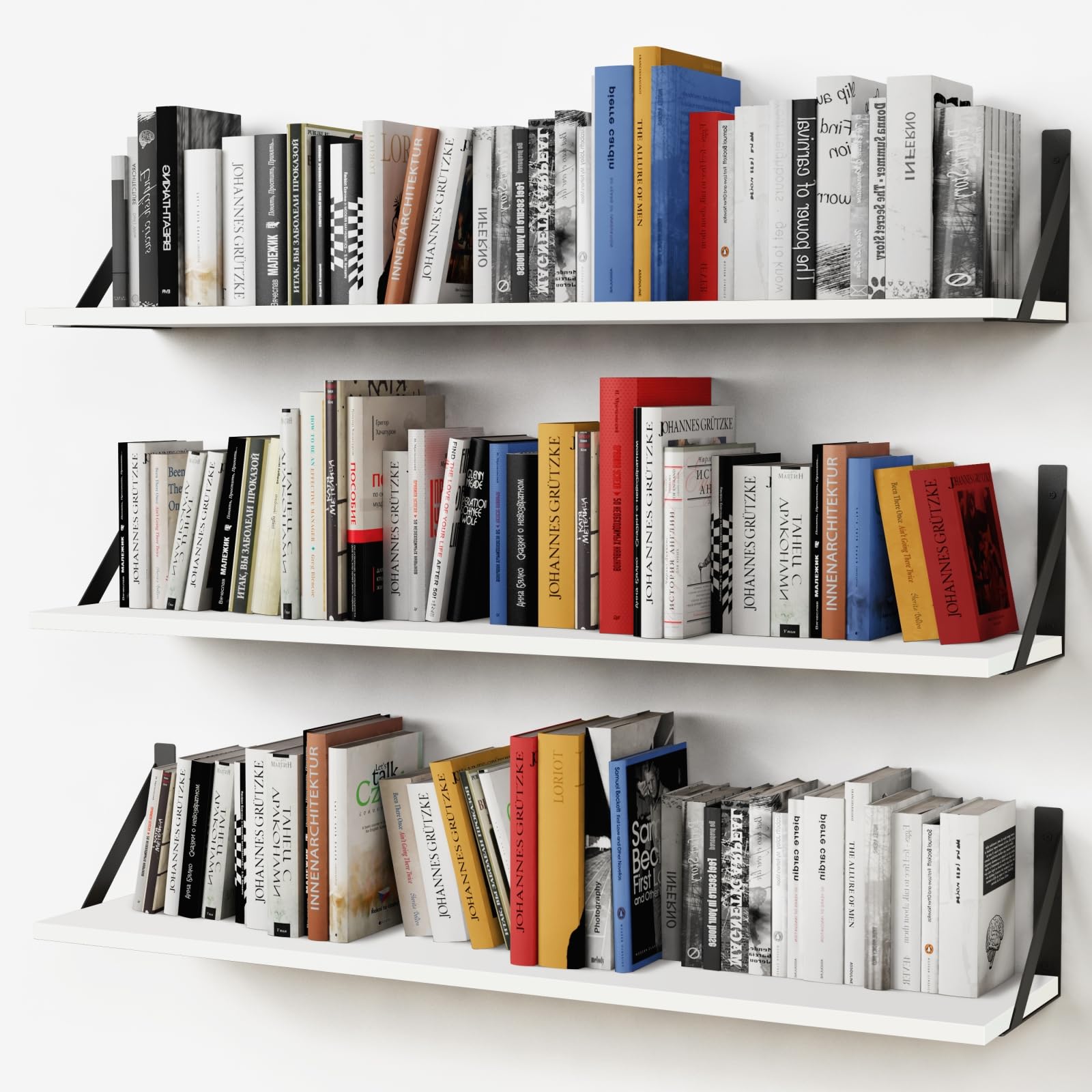 Forbena White Floating Book Shelves for Wall, 36 Inches Long Wall Shelves with Metal Brackets for Bedroom, Large Floating Bookshelf Bookshelves for Living Room Office Classroom (White Wood)