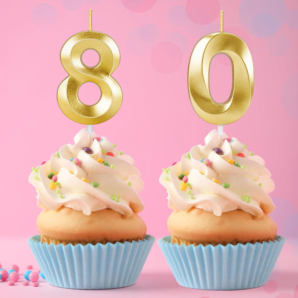 Regine Switzerland 80th Birthday Candles - Gold Number Cake Toppers for Celebrations