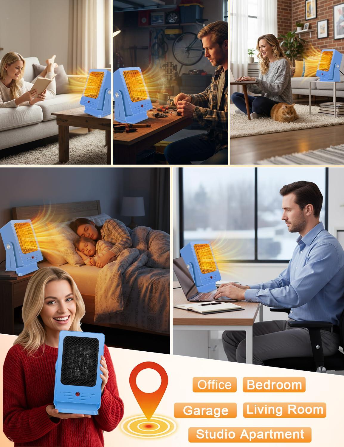 Verminget Portable Space Heater for Indoor Use,Desktop Heater with PTC 2s Fast Heating, 60° Adjustable Angle Design Small Electric Heater Lightweight for Personal, Office,Room,Blue