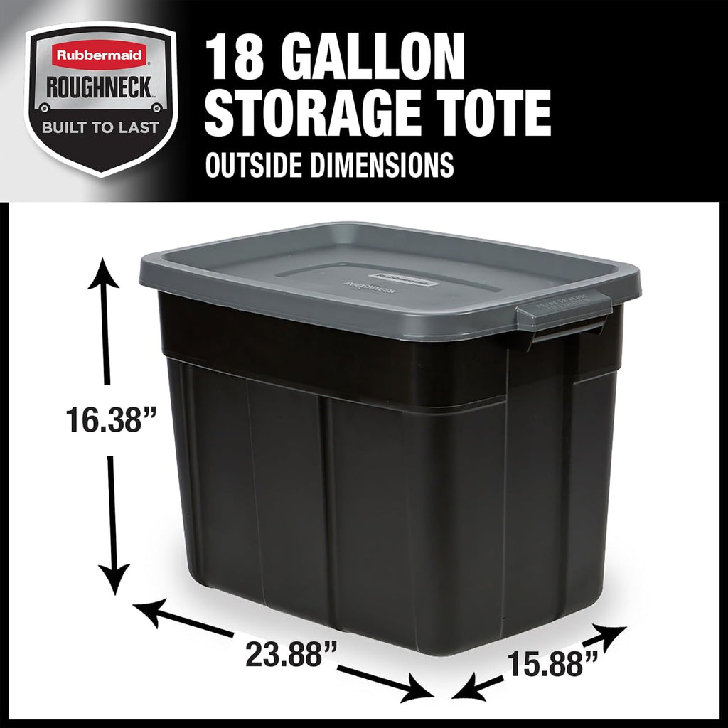 Rubbermaid 18 GAL Garage Storage Bins - Heavy-Duty, Stackable, Durable Plastic - Solid Black & Grey (6 Pack)