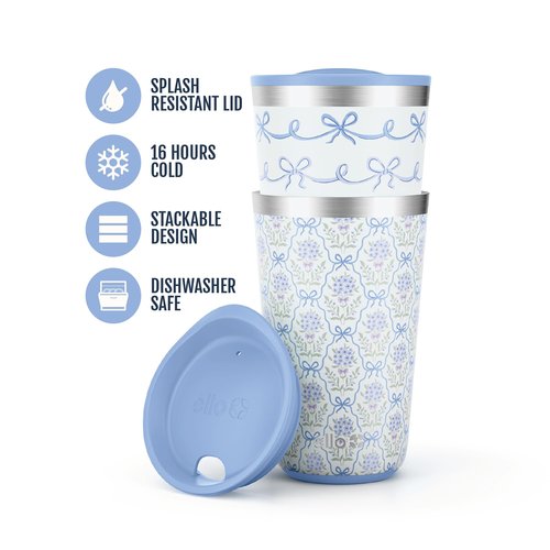 Ello 2 Pack 16oz Stainless Steel Stacking Cups with Easy Press Lids | Pint Size Reusable Tumblers for Parties, Home, Camping, Outdoor | Keeps Cold for 16 Hours, Dishwasher Safe | Bows & Flowers
