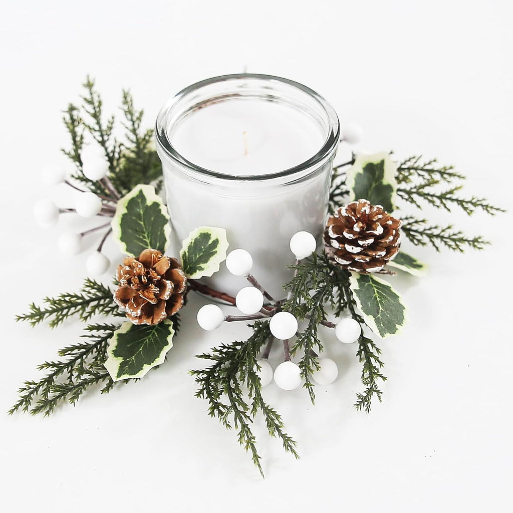Regine Switzerland Christmas Greenery Candle Rings - 12 Pack with White Berries & Pine Cones | Festive Table Decor