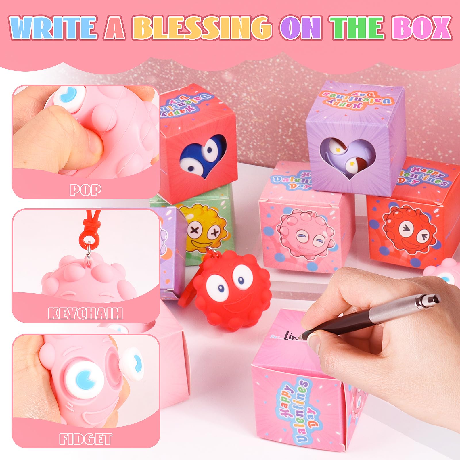 Valentines Day Gifts for Kids, 24 PACK Prefilled Valentines Box with 3D Pop Fidget Ball, Valentines Party Favors, Valentines for Class Boys Girls, Kids Valentines Day Gifts for School Classroom
