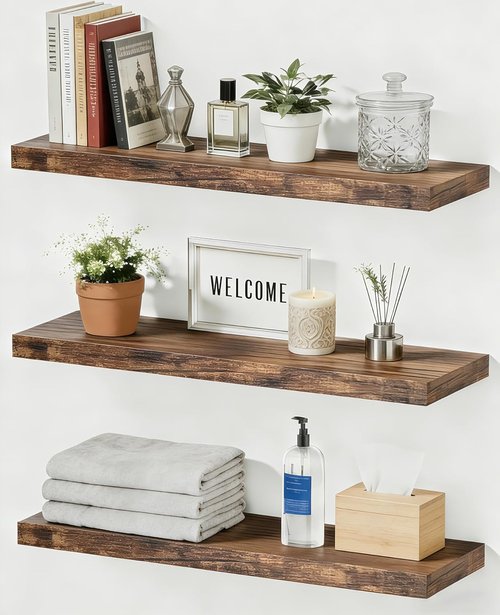Lifetime Warranty Floating Shelves - Easy Install 15.7 Inch Wall Mounted Wooden Shelves | Set of 3 for Home Decor & Storage