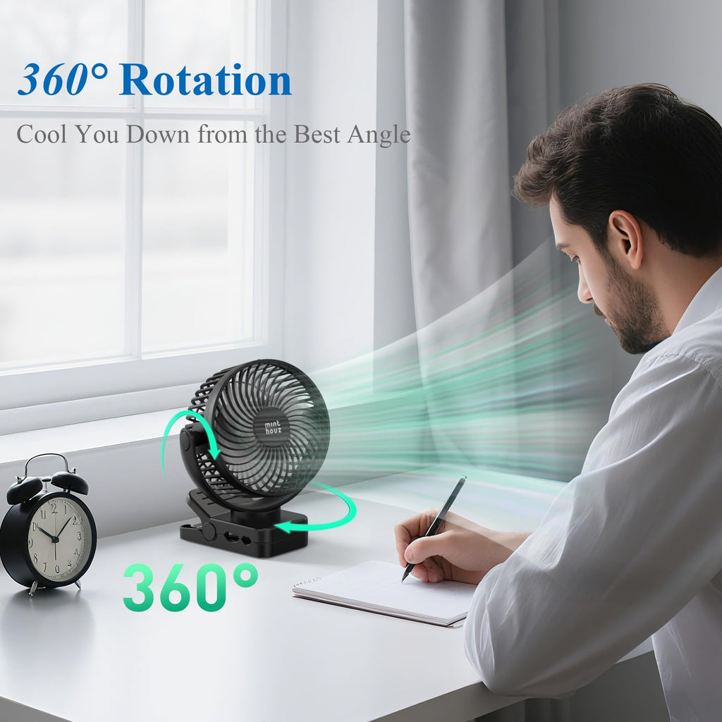 Minthouz Clip on Fan, 12000mAh Desk Fans, 360° Rotation Rechargeable Portable Fan with 45hrs Runtime - Quiet 3 Speeds, Wireless Remote, Timer, Input/Output Ports - Lightweight for Travel & Office