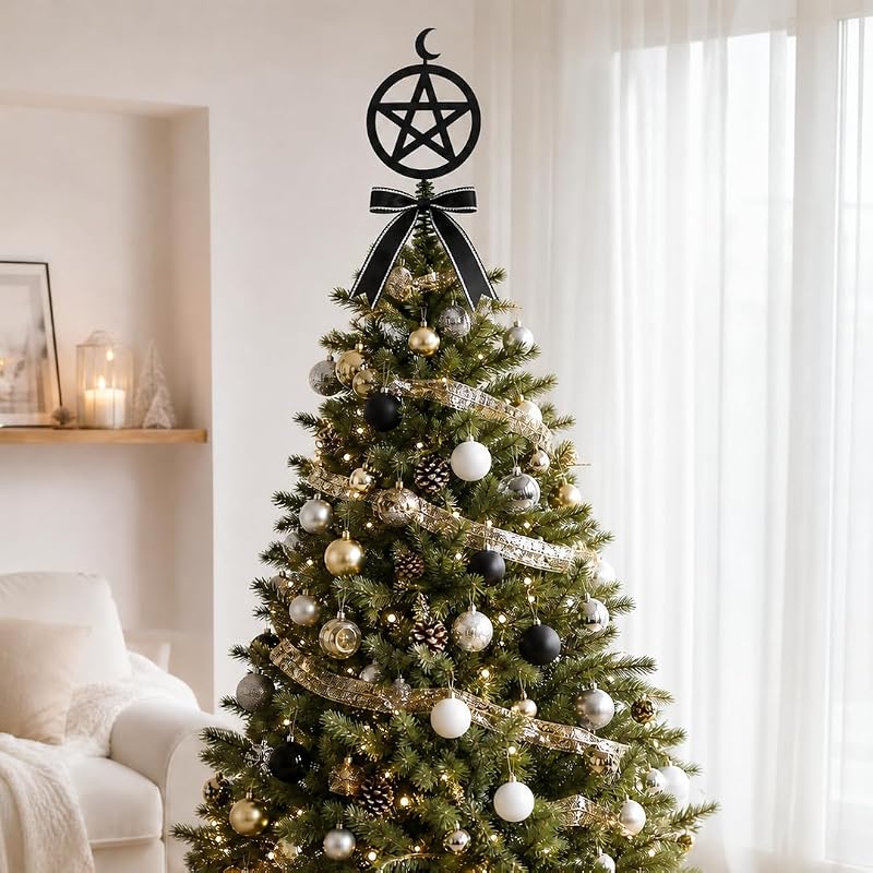 14 Inch Black Gothic Pentagram Tree Topper with Crescent Moon and Bow