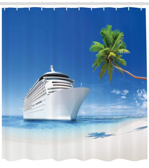 Ambesonne Travel Shower Curtain, Palm Trees by The Coastline on a Sandy Beach and Ship Nature Sunny Day Exotic Journey Seascape, Cloth Fabric Bathroom Set with Hooks, 69" W x 70" L, Blue Green White