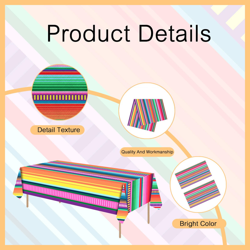 ASLERMURE 3 Pack Disposable Plastic Mexican Serape Tablecloths, 54 x 108 Inch Mexican Striped Party Table Cover for Mexican Wedding Birthday Party Decorations Outdoor Indoor Party Supplies