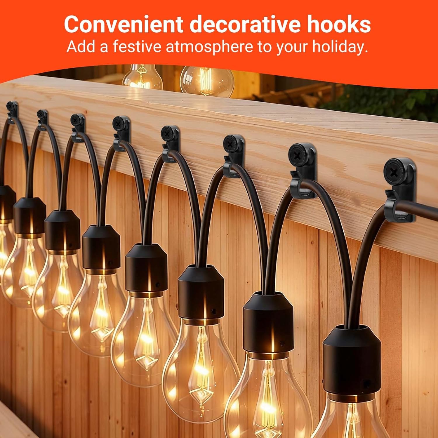 Skiennix String Light Hooks - Weatherproof Screw-In Clips for Outdoor Christmas Lights | 60 Pack (Black)