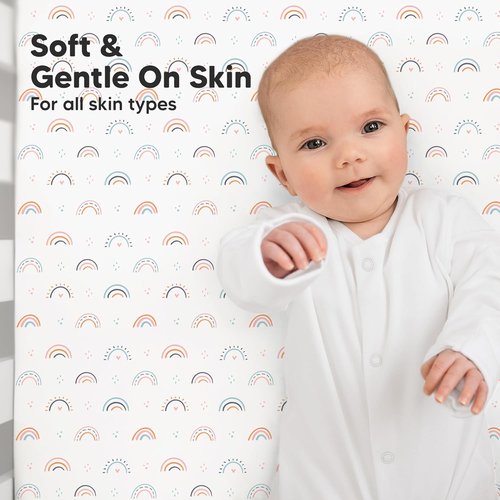 KeaBabies Organic Crib Sheets - 2-Pack Fitted Jersey Cotton for Boys & Girls | Soft & Breathable 52x28" Jolly Rainbow Prints