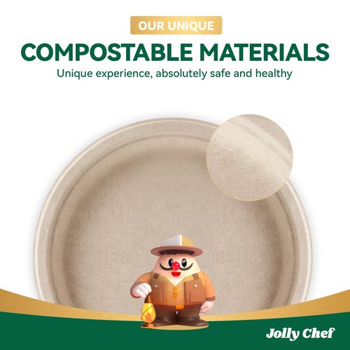 JOLLY CHEF Compostable Heavy Duty Plates 𝟳 𝗶𝗻𝗰𝗵 𝗮𝗻𝗱 𝟵 𝗶𝗻𝗰𝗵 [𝟭𝟮𝟬 𝗣𝗮𝗰𝗸] Eco-Friendly Disposable Paper Plates Bagasse Biodegradable Sugarcane for Party Hot Cold Foods Christmas(Brown)