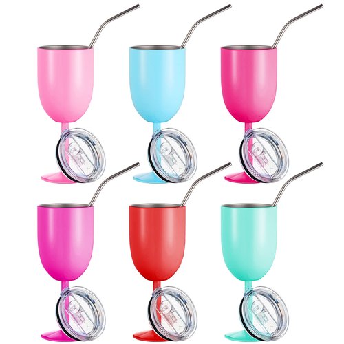 Gerrii 6 Sets Stemmed Stainless Steel Wine Glass with Lid and Straw 10 oz Unbreakable Metal Glass Cups Double Walled Vacuum Insulated Wine Tumbler, Gifts for Women Friends Birthdays Weddings, 6 Colors