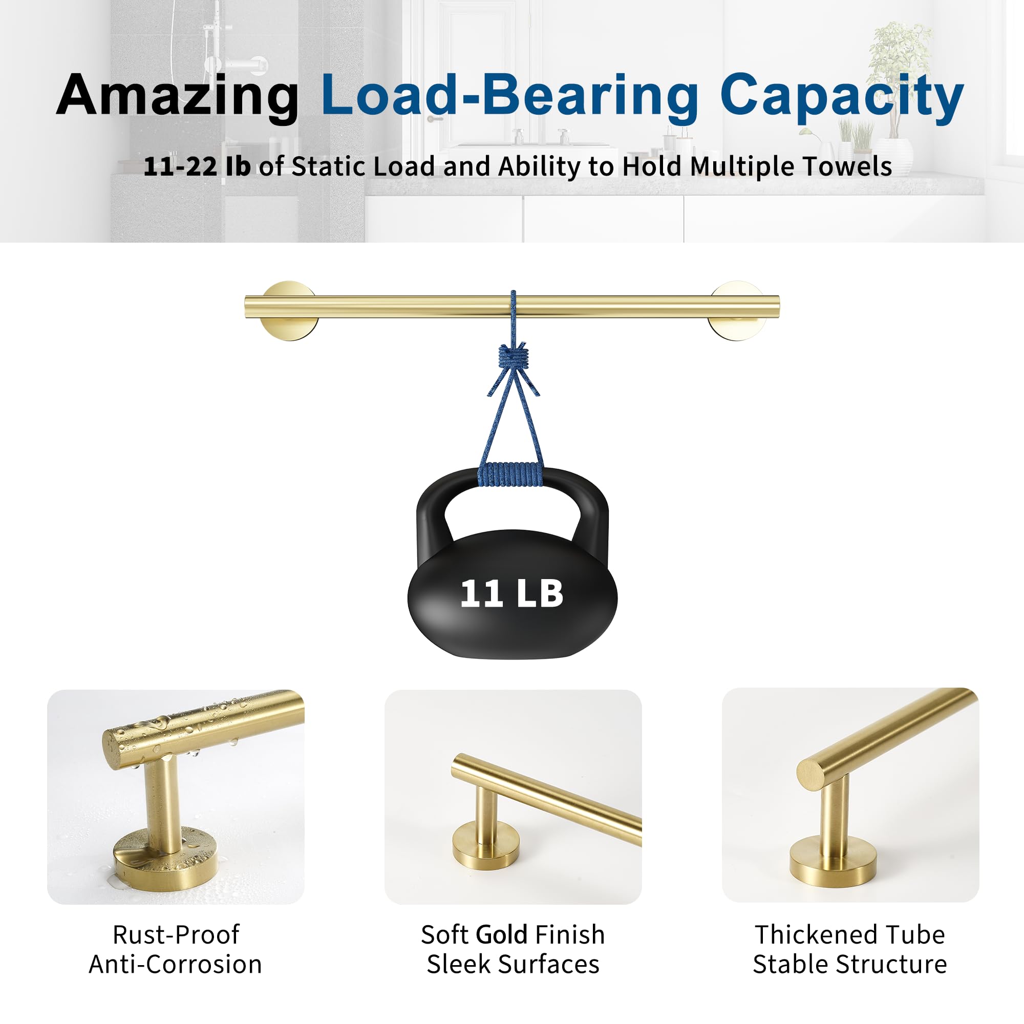 Brushed Gold Towel Bar, 18 Inch Towel Racks for Bathroom Wall Mounted, Thicken SUS304 Stainless Steel Heavy Duty Hand Towel Holder Organizer, Bathroom Accessories, Total Length 20.5 Inch