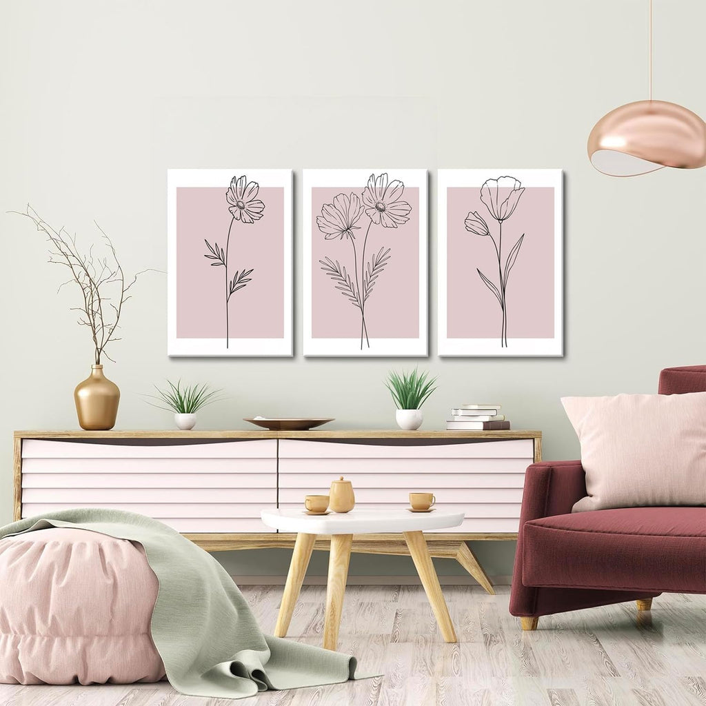 Pink Flower Market Wall Art Set of 3 - Aesthetic Canvas Prints for Bedroom & Living Room | Framed 12x16 Inch