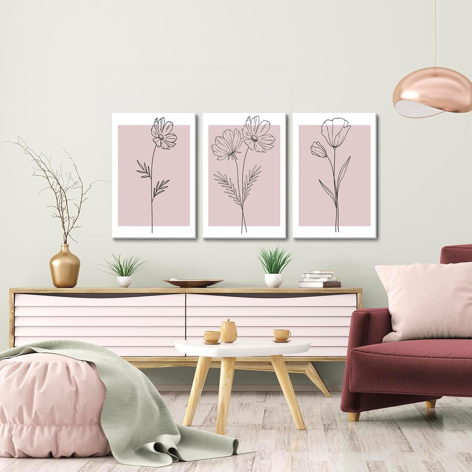 Pink Flower Market Wall Art Set of 3 - Aesthetic Canvas Prints for Bedroom & Living Room | Framed 12x16 Inch