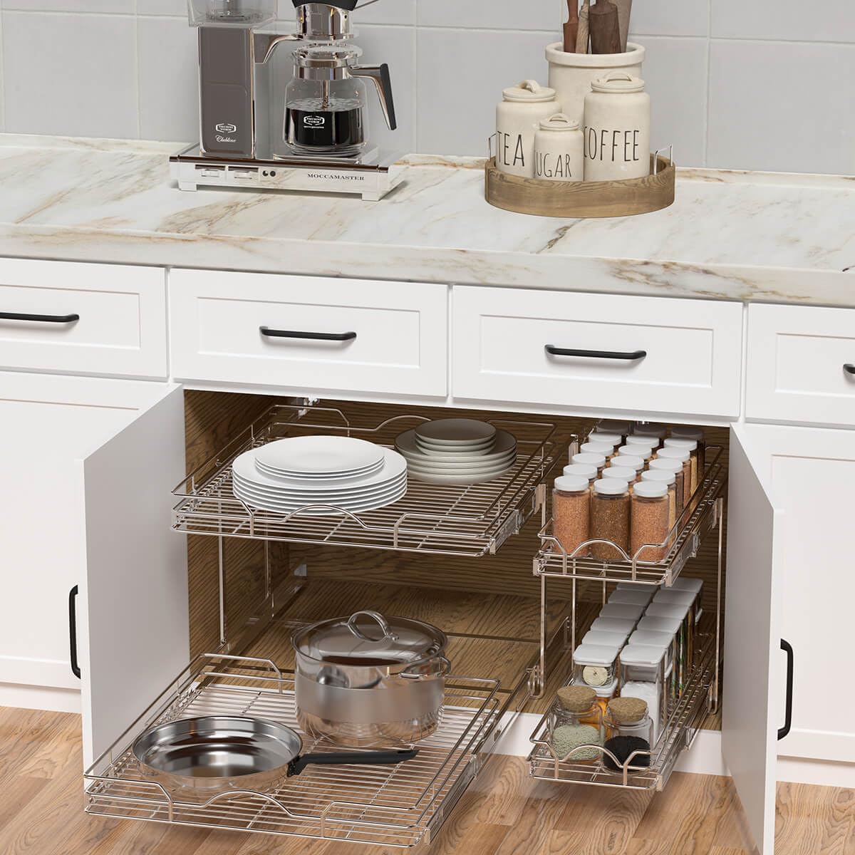 OCG 2 Tier Pull Out Cabinet Organizer (18.5" W x 21" D), Pull Out Drawers for Kitchen Cabinets, Pull Out Shelves for Base Cabinet Organization in Kitchen Bathroom Pantry, Chrome Finish